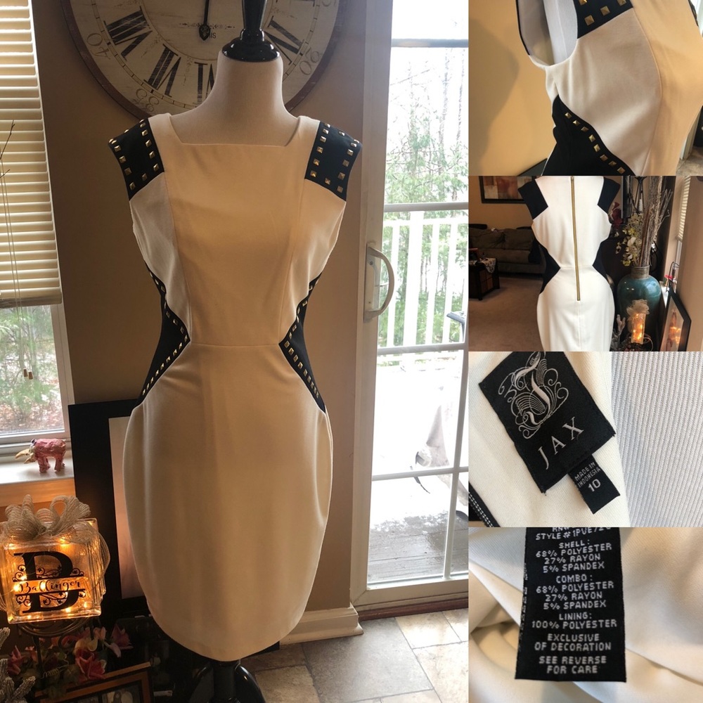 Gorgeous figure enhancing dress with gold studs.
